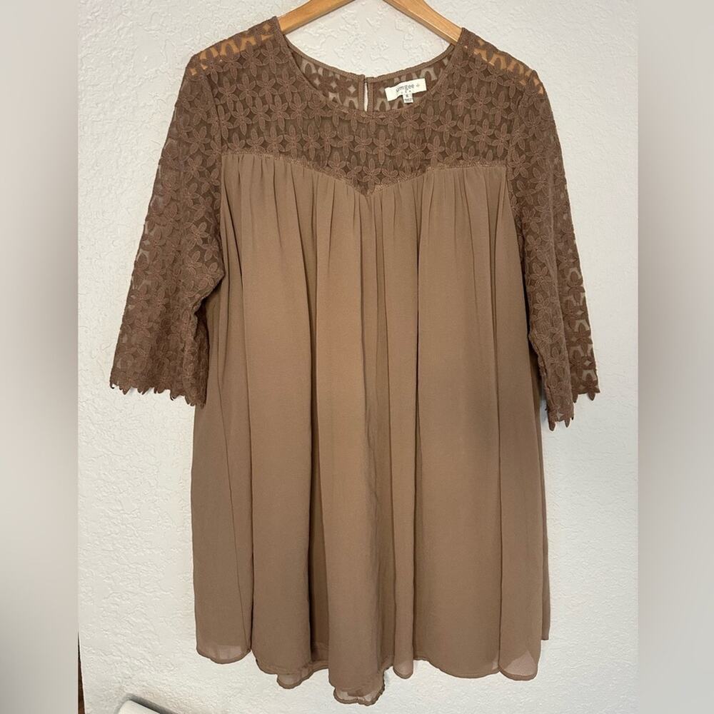 Umgee Brown Lace Flower Babydoll Top Size XL Sheer Coquette Blouse Feminine Fall